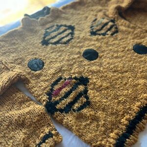 VTG 80s Gold Dbl Turtleneck Sweater Patches Mixed Material Leather